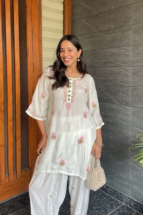 Sona Pure Muslin Multi-Colour Chikankari Dhoti Set With Mukaish- White