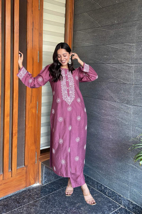 Rukhsana Roman Silk Chikankari Kurta Set- Purple