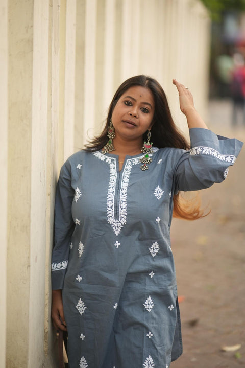 Barira Cotton Chikankar Kurta- Dark Grey