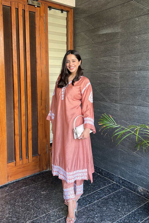 Benazir Chanderi Chikankari A-line Kurta Set- Brown (Set of 2)