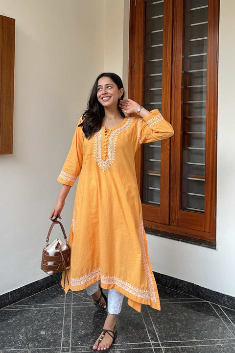 Nafisa Cotton Chikankar U-cut A-line Kurta- Yellow
