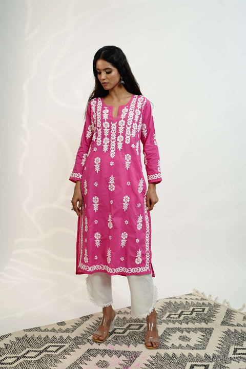 Nusrat Cotton Chikankari Kurta- Pink