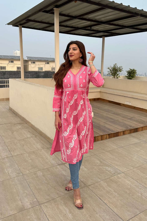 Aleena Mul Cotton Chikankari Kurta- Pink