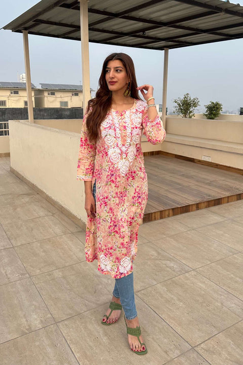Joon Cotton Mul Printed Chikankari Kurta- Pink
