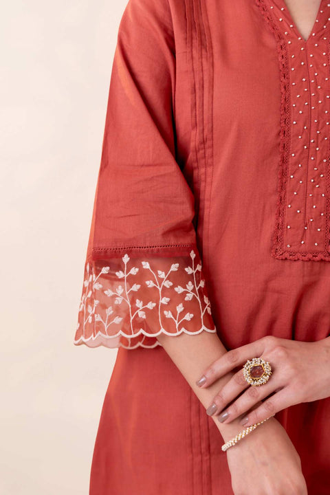 Ziya Cotton Embroidered Rust Orange Kurta Set (Set of 2)
