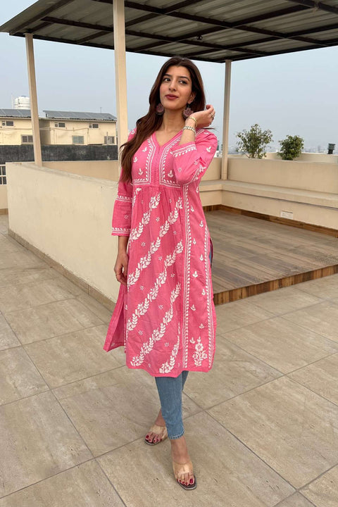 Aleena Mul Cotton Chikankari Kurta- Pink