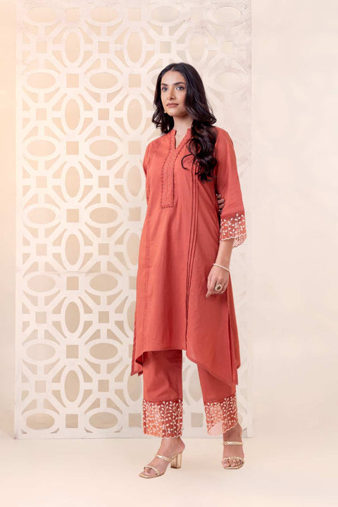 Ziya Cotton Embroidered Rust Orange Kurta Set (Set of 2)