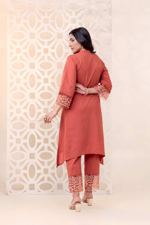 Ziya Cotton Embroidered Rust Orange Kurta Set (Set of 2)