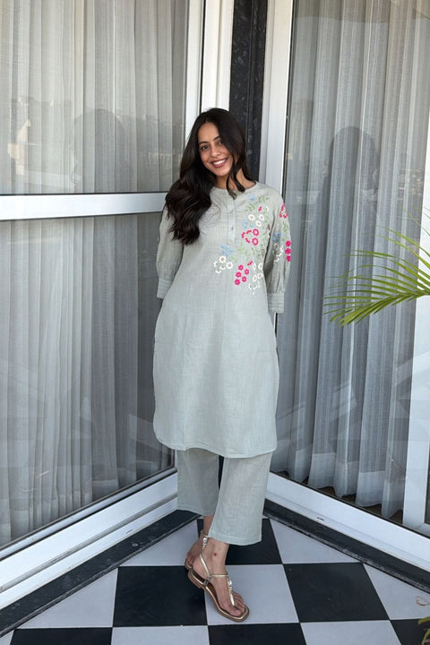 Falak Cotton Embroidered Kurta Set (Set of 2)- SAGE GREEN