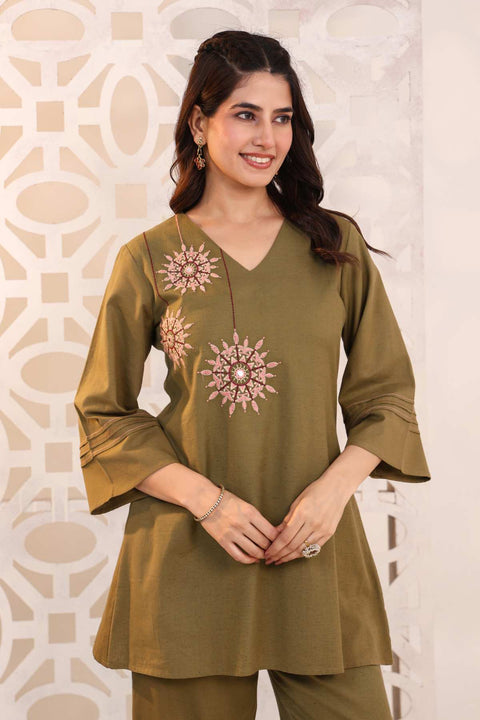 Raahi Olive Green Cotton Flex Embroidered Kurta Set (Set of 2)