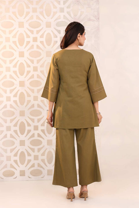 Raahi Olive Green Cotton Flex Embroidered Kurta Set (Set of 2)