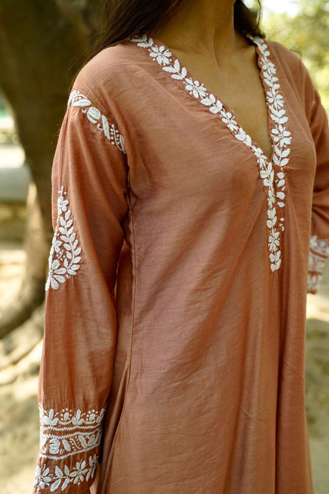 Benazir Chanderi Chikankari A-line Kurta Set- Brown (Set of 2)