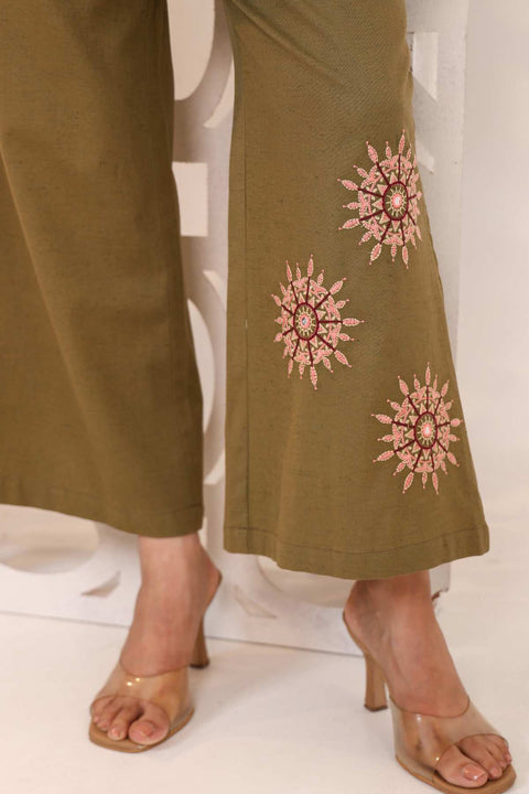 Raahi Olive Green Cotton Flex Embroidered Kurta Set (Set of 2)