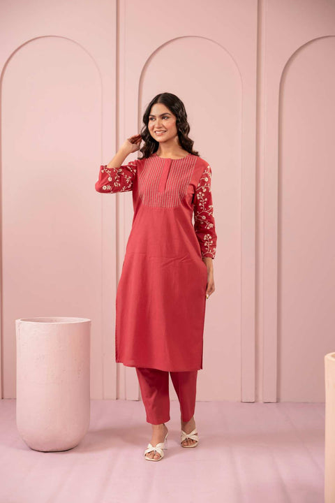 Zehra Cotton Embroidered Kurta Set (Set of 2)- PINK