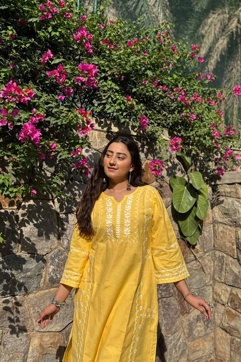 Fidaah Pure Linen Chikankari A-line Kurta- Yellow
