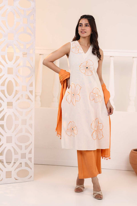 Fiza Orange Cotton Flex Floral-Embroidered Suit Set (Set of 3)