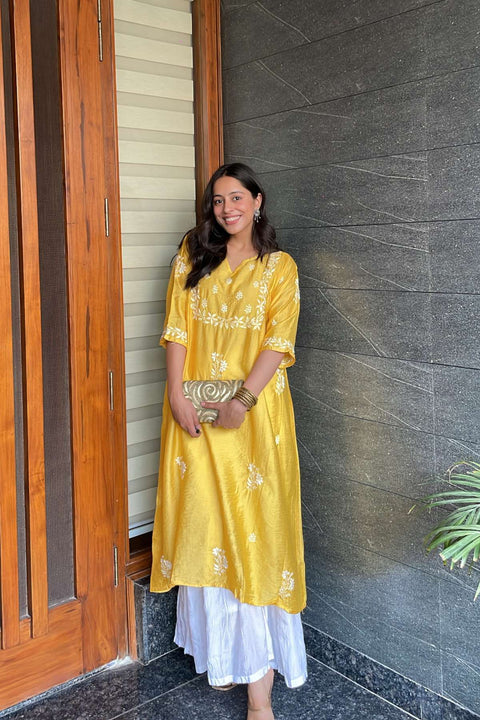 Maira Chanderi Chikankari A-line Kurta- Yellow
