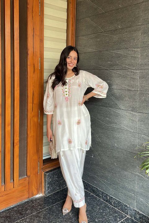 Sona Pure Muslin Multi-Colour Chikankari Dhoti Set With Mukaish- White