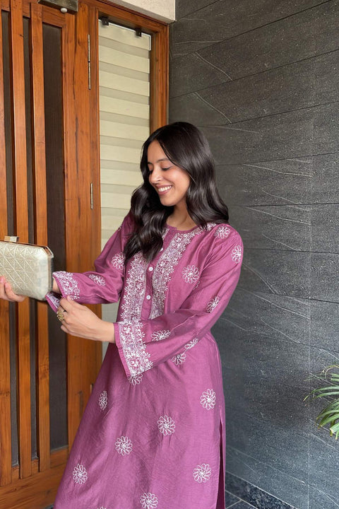 Rukhsana Roman Silk Chikankari Kurta Set- Purple