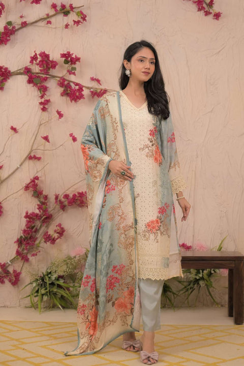 Barkha Pure Muslin Schiffli Suit Set with Printed Muslin Dupatta (Set of 3)- BLUE