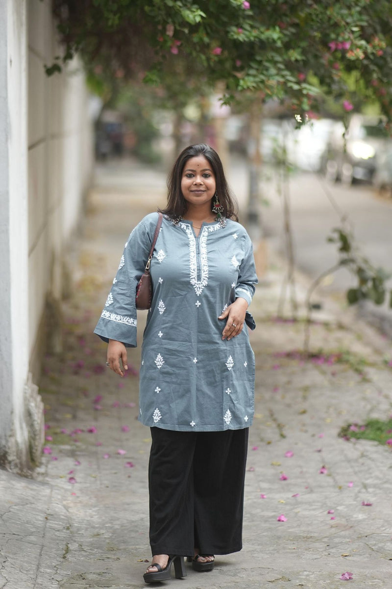 Buy Barira Cotton Chikankari Kurta- Dark Grey- ShopHindya