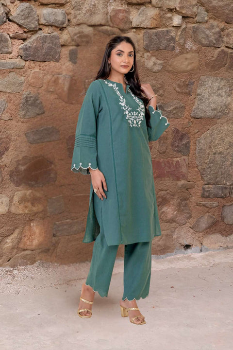 Bela Cotton Embroidered Green Kurta Set
