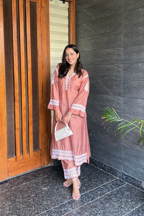 Benazir Chanderi Chikankari A-line Kurta Set- Brown (Set of 2)