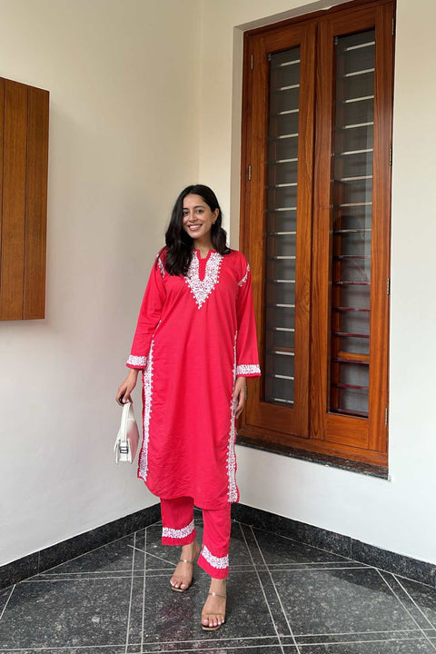 Farah Cotton Chikankari Kurta Set- Pink (Set of 2)