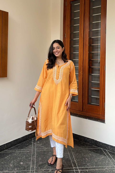 Nafisa Cotton Chikankar U-cut A-line Kurta- Yellow