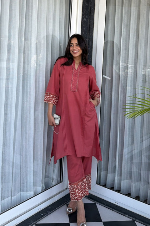 Ziya Cotton Embroidered Rust Orange Kurta Set (Set of 2)