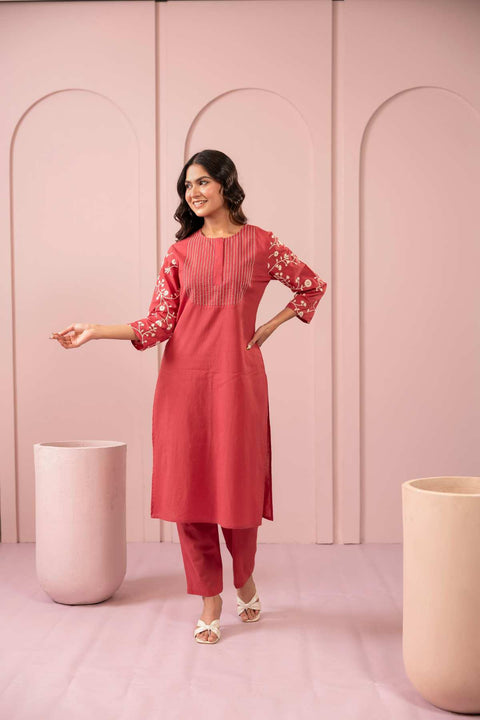 Zehra Cotton Embroidered Kurta Set (Set of 2)- PINK