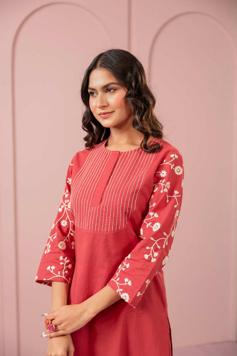 Zehra Cotton Embroidered Kurta Set (Set of 2)- PINK