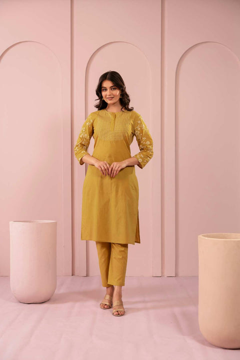 Zehra Cotton Embroidered Kurta Set (Set of 2)- MUSTARD