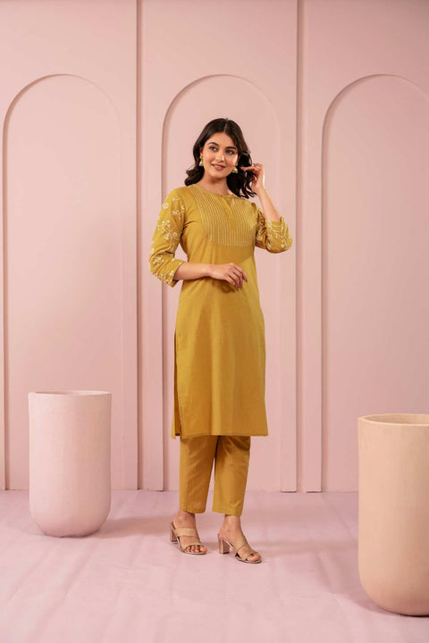 Zehra Cotton Embroidered Kurta Set (Set of 2)- MUSTARD