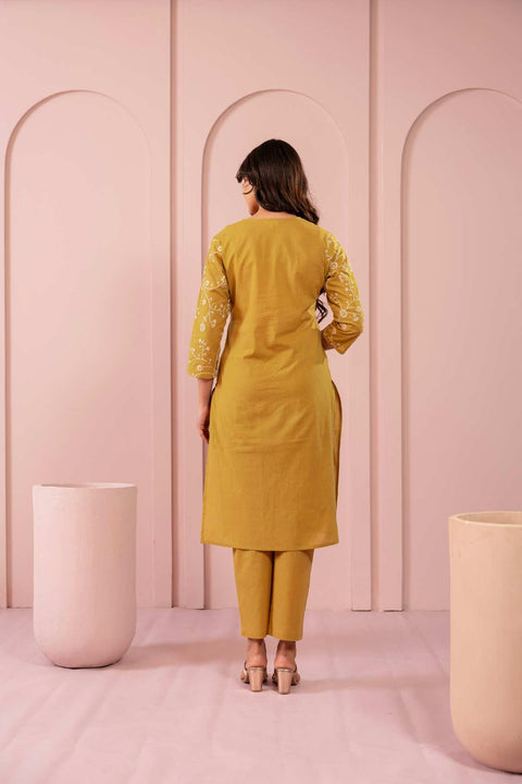 Zehra Cotton Embroidered Kurta Set (Set of 2)- MUSTARD