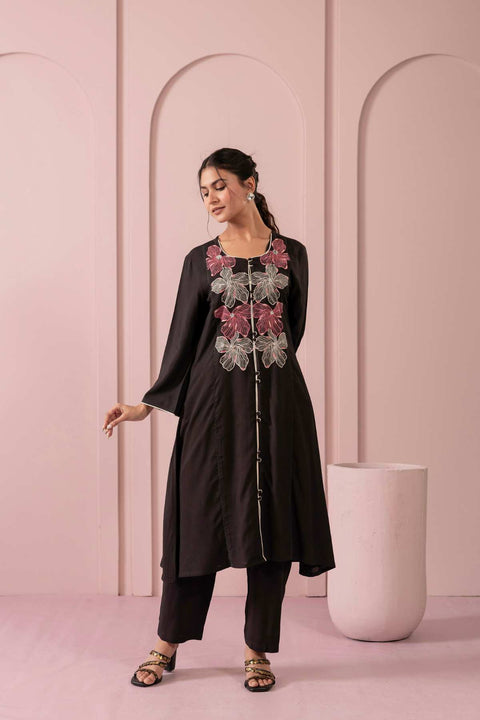 Adaah Black Rayon Slub Embroidered Kurta Set