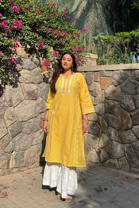 Fidaah Pure Linen Chikankari A-line Kurta- Yellow