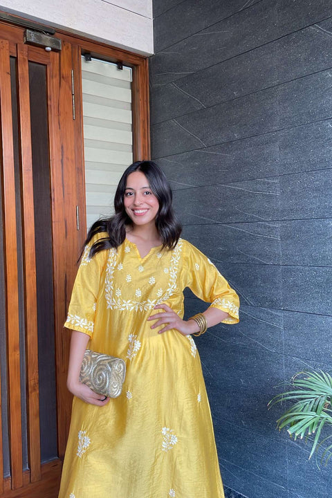 Maira Chanderi Chikankari A-line Kurta- Yellow