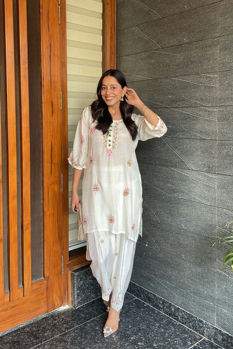 Sona Pure Muslin Multi-Colour Chikankari Dhoti Set With Mukaish- White