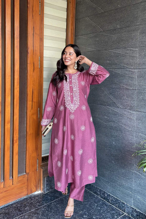 Rukhsana Roman Silk Chikankari Kurta Set- Purple
