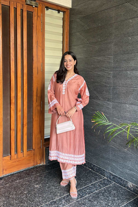 Benazir Chanderi Chikankari A-line Kurta Set- Brown (Set of 2)