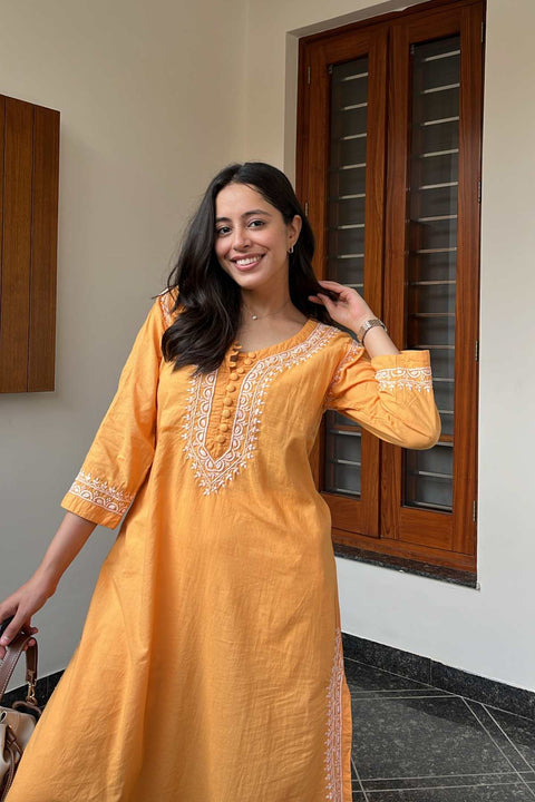 Nafisa Cotton Chikankar U-cut A-line Kurta- Yellow