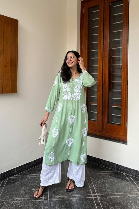 Zainab Cotton Modal Chikankari Kurta- Green