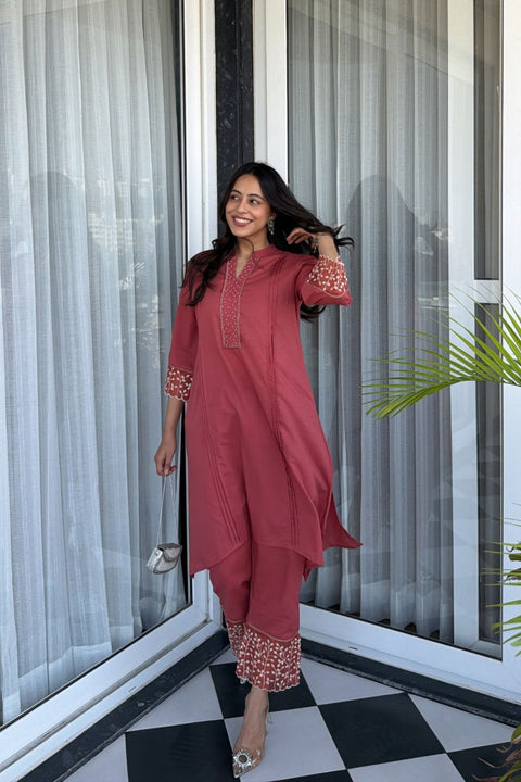 Ziya Cotton Embroidered Rust Orange Kurta Set (Set of 2)