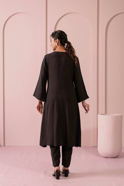 Adaah Black Rayon Slub Embroidered Kurta Set