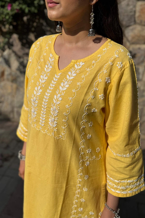 Fidaah Pure Linen Chikankari A-line Kurta- Yellow