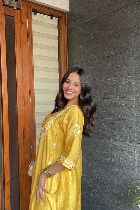 Maira Chanderi Chikankari A-line Kurta- Yellow