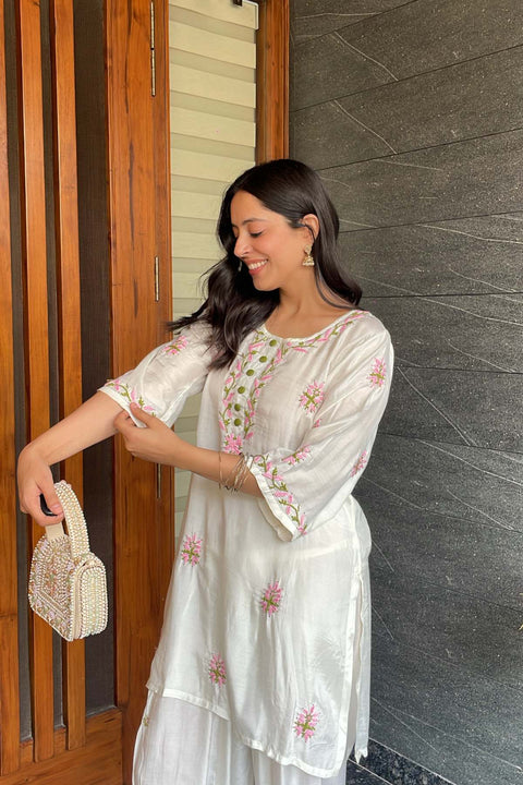 Sona Pure Muslin Multi-Colour Chikankari Dhoti Set With Mukaish- White