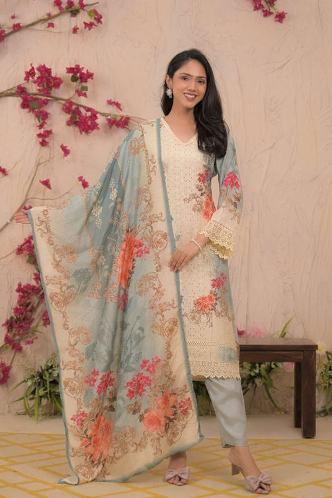 Barkha Pure Muslin Schiffli Suit Set with Printed Muslin Dupatta (Set of 3)- BLUE