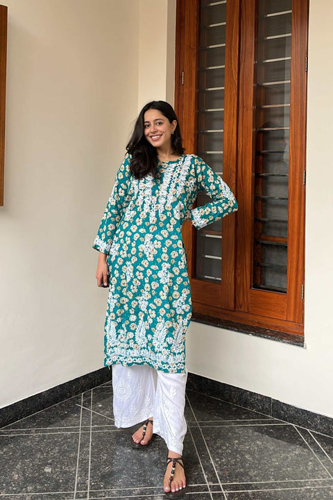 Gulaab Mul Printed Chikankar Kurta- Teal